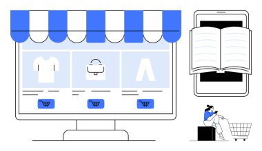 Bilgisayar ekranı, e-ticaret mağazası kıyafetleri, alışveriş arabası ikonu, tente. Açık kitaplı bir tablet. Arabalı bir müşteri arıyor. Çevrimiçi perakende, eğitim ve mobil ticaret için ideal