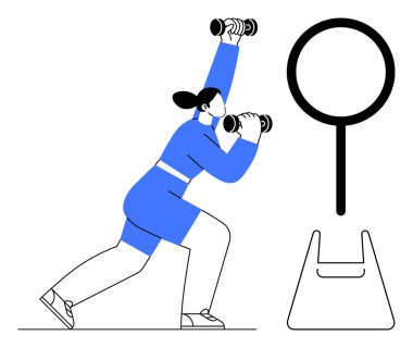 Bir koluyla dambılları kaldıran mavi spor kıyafetleri giymiş bir kadın. Fitness motivasyonu, sağlık farkındalığı, egzersiz rutinleri, spor terfileri, kişisel eğitim, aktif yaşam tarzı için ideal