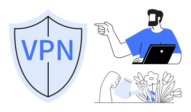 Güvenli taramayı temsil eden büyük bir VPN kalkan simgesi, uzaktan kontrol için dizüstü bilgisayar kullanan biri ve çiçekleri ıslatan bir konserve kutusu. Güvenlik için ideal, uzak çalışma, mahremiyet
