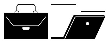 Bilgisayarın yanında sapı açık siyah bir çanta. İş için ideal, ofis işi, teknoloji, iş hayatı, uzaktan çalışma, hareketlilik, iş hayatı dengesi. Basit, gösterişsiz, düz bir metafor.