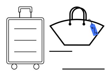Üzerinde mavi etiket olan el çantasının yanında tekerlekli bavul var. Seyahat, turizm, paketleme, organizasyon, alışveriş, bagaj, minimalizm için ideal. Modern soyut çizgi düz metafor