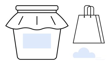 Kapaklı kavanoz, alışveriş torbası ve küçük bulut. Perakende satış, market alışverişi, organik ürünler, ev yapımı ürünler, çiftçi pazarı çevrimiçi alışveriş temaları için idealdir. Satır metaforu