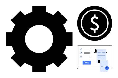 Siyah dişli, dolar işaretli daire, ve Ödeme düğmeli dijital fatura finansal otomasyonu temsil ediyor. Finans yönetimi, otomasyon, çevrimiçi ödeme, verimlilik, maliyet tasarrufu için ideal