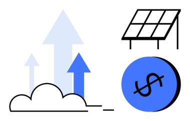 Güneş paneli, mavi dairedeki dolar işareti ve buluttaki yukarı doğru oklar yatırımı, yenilenebilir enerji büyümesini simgeliyor. Sürdürülebilirlik, temiz enerji, ekonomik büyüme, mali planlama ve gelecek için ideal
