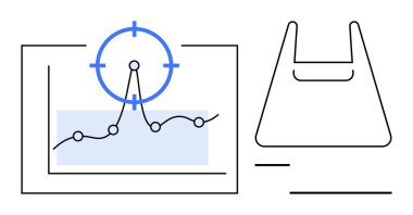 Tepedeki mavi hedefli veri tablosu, sağ taraftaki basit alışveriş çantası anahatlarını birbirine bağlıyor. İş stratejisi, perakende analizi, piyasa araştırması, hedef belirleme ve finans için ideal