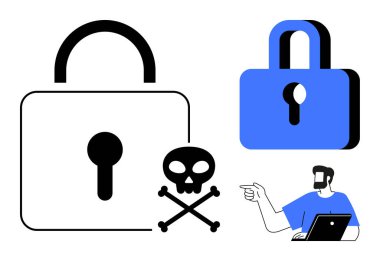 Kilitli asma kilit ve kafatası sembolü güvenlik ve tehdidi gösteriyor. Bilgisayardaki kişi siber güvenlik çabalarını sembolize ediyor. Veri koruması, tehdit, çevrimiçi güvenlik, şifreleme, hackleme, antivirüs için ideal