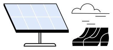 Güneş paneli güneşe doğru açılı, yürüdüğünü gösteren hareket çizgileri olan bir çift ayakkabı ve çevre dostu enerji kullanımını sembolize eden bir bulut. Sürdürülebilirlik, yeşil enerji ve çevre için ideal