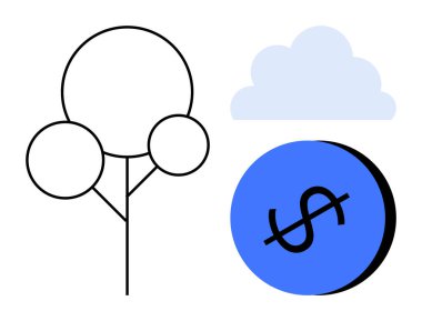 Üç dairesi olan basit bir ağaç, mavi bulut, haçlı mavi dolar işareti. Sürdürülebilirlik, finans, çevresel kaygılar, ekonomik zorluklar, minimalizm doğası için ideal. Soyut çizgi