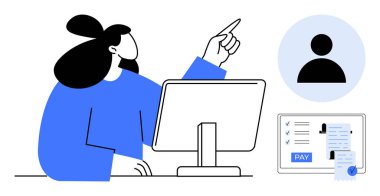 Ofis çalışanı bilgisayar ekranını, profil simgesini, Ödeme düğmeli görev listesini işaret ediyor. Maaş, İK yönetimi, dijital araçlar, işyeri organizasyonu, görev yönetimi, çevrimiçi ödemeler için ideal