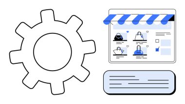 Çantalı bir web sayfası ve inceleme bölümünün yanında vites simgesi. E-ticaret, dijital pazarlama, site yönetimi, çevrimiçi alışveriş, kullanıcı deneyimi, müşteri geribildirimi, perakende satış için ideal