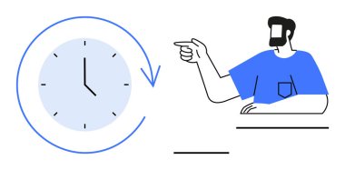 Mavi gömlekli adam, etrafında dairesel bir ok olan büyük saati işaret ediyor. Zaman yönetimi, teslim tarihleri, programlama, verimlilik, dakiklik, hatırlatmalar, verimlilik için idealdir. Minimalist