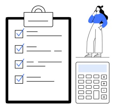 Bir kişi mavi işaretli ve fonksiyonlarını gösteren büyük bir hesap makinesi olan bir listenin arkasında düşünceli bir şekilde durur. İş planlaması, organizasyon, görev yönetimi, verimlilik ve verimlilik için ideal