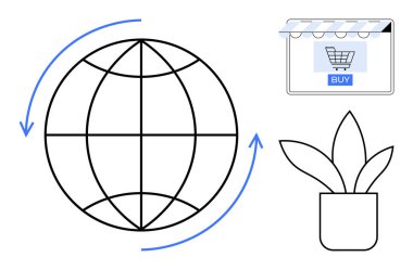 Hareket eden oklarla dolu bir dünya, alışveriş arabası ikonu, satın alma tuşu ve saksı bitkisi olan online bir dükkan. Küresel ticaret, e-ticaret, çevresel etki, çevrimiçi alışveriş için ideal