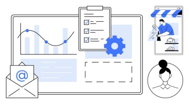 E- posta, veri noktaları olan çizelge, ekipmanlı kontrol listesi akıllı telefondan online alışveriş ve kullanıcı profili. İş yönetimi, üretkenlik, iletişim, analitik e-ticaret için ideal