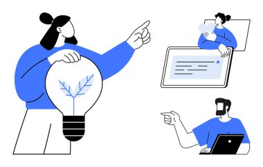 Karakterler ampulle etkileşime girer, tablet ve dizüstü bilgisayar kullanır. Takım çalışması, yenilik, teknoloji, beyin fırtınası, iletişim dijital işbirliği eğitimi için idealdir. Soyut satır düzlüğü