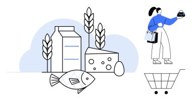 Bakkaldan alışveriş yapan bir kadın, alışveriş arabasının yanında bir çanta ve elma tutuyor. Yiyecekler arasında süt, peynir, balık, buğday ve yumurta var. Alışveriş için ideal, bakkallar için sağlıklı beslenme