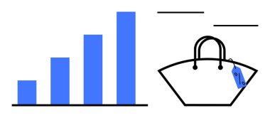 Üzerinde fiyat etiketi olan basit bir alışveriş çantasının yanında yükselen dört çubuk olan mavi çizelge. Perakende başarı, satış büyümesi, ekonomik eğilimler, iş stratejisi, piyasa analizi ve tüketici için ideal