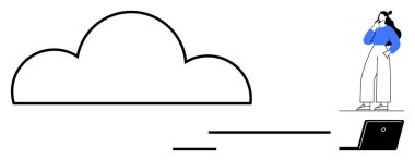 Bulut çizimi, düşüncelere dalan kadın, yere yerleştirilmiş dizüstü bilgisayar. Dijital dönüşüm için ideal, çevrimiçi depolama, bulut hesaplama, gelecek teknolojisi, uzaktan erişim yenilik bağlantısı. Modern soyut çizgi
