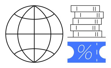 Küresel küre, istiflenmiş paralar ve indirim kuponu. Finans, ekonomi, tasarruf, yatırım, küresel ticaret ekonomik büyüme için idealdir. Siyah mavi beyaz soyut çizgi düz metafor
