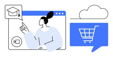 Mezuniyet şapkası ikonu ve alışveriş arabası ikonu olan bulutu gösteren sanal sınıf bir kişi. Çevrimiçi eğitim, e-ticaret, dijital pazarlama, sanal olaylar, uzaktan öğrenme, bulut