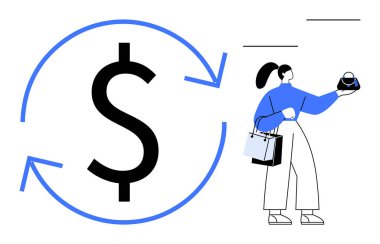 Etrafı oklarla çevrili, para akışını simgeleyen büyük bir dolar işareti, el çantası tutan, alışveriş torbaları taşıyan bir kadın. E-ticaret, perakende, finans, tüketici davranışı, pazarlama, işlemler için ideal