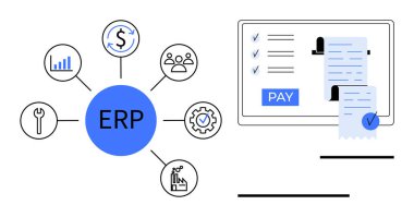 Merkezi ERP merkezi finansal istatistikleri, iş gücünü, araçları, üretimi, tedarik zincirini ve kaliteyi bağlıyor. Fatura ile ödeme işleme ekranı ve tamamlanmış görevler. Ticari işlemler için ideal