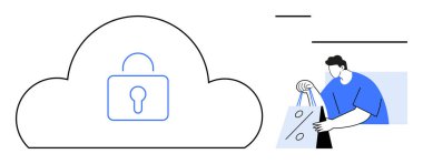 Üzerinde asma kilit olan bulut indirim etiketli bir alışveriş çantası tutan birinin yanında güvenliği sembolize ediyor. Çevrimiçi güvenlik, e-ticaret, indirimler, bulut depolama, güvenli işlemler, dijital işlemler için ideal