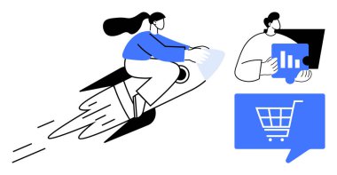 Rokete binen bir kadın, tabletteki verileri analiz eden bir erkek arkadaş ve alışveriş arabası ikonu. Ticari büyüme, analitik, e-ticaret, takım çalışması, başlangıç ivmesi, dijital pazarlama, çevrimiçi