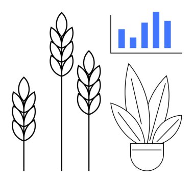 Değişen yüksekliklerin buğday sapları, saksı bitkisi ve veri grafiği ilerlemeyi gösteriyor. Sürdürülebilirlik, tarım, büyüme izleme, veri analizi, çevre sağlığı, bitki bilimi için ideal