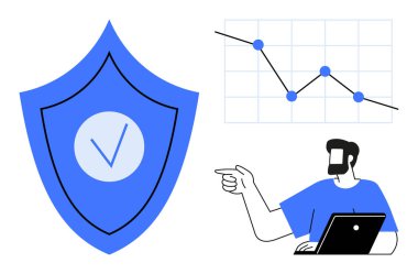 Aşağıya doğru giden grafiği inceleyen bir adam, işaretli mavi bir kalkanın yanında. Siber güvenlik, veri koruması, risk yönetimi, iş analizi, bilişim çözümleri, mali