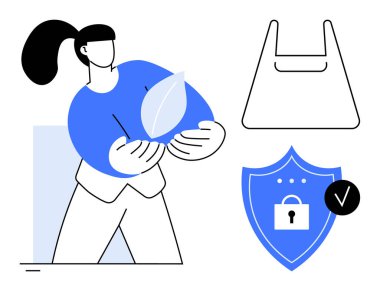 Çevre torbası sergilenirken yeşil yaprak tutan kişi, kalkanı kilitleyin ve işaretleyin. Sürdürülebilirlik, güvenlik, eko-dostluk, sağlık, güvenlik, güvence koruma temaları için ideal