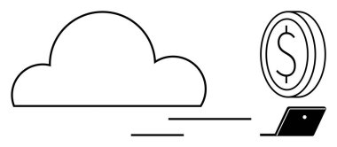 Basitçe bulut simgesi, dolar para ve sunan dizüstü bilgisayar teknolojik gelişmeler, finansal büyüme, dijital ekonomi. Teknolojik yenilik, finansal büyüme, bulut hesaplama, dijital finans için ideal