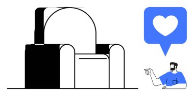 Kıvrımlı arkası olan sandalye, rahat koltuk, mavi diyalog balonunda kalp, sandalyeyi gösteren kişi, gülümseyen. Ev konforu, mobilya tasarımı, rahatlama, onay memnuniyeti için ideal