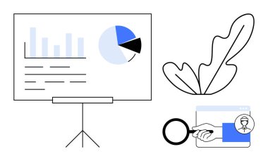 Bir standın üzerindeki çubuk grafik ve pasta grafiği, penceredeki profilin üzerindeki büyüteç ve soyut yaprak şekli. Sunumlar, veri analizi, araştırma, teknoloji, ticaret ve eğitim için ideal