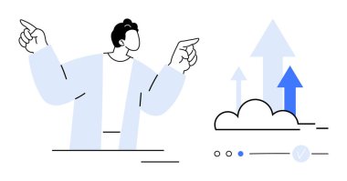 Bulutların arasında büyüyen farklı boyutlardaki okları işaret eden bir adam ilerleme ve başarı öneriyor. İş büyümesi için ideal, başarı ölçümleri, ilerleme görselleştirme, motivasyon