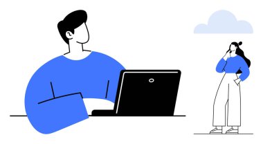 Dizüstü bilgisayarı olan biri ayakta duran birine bakar. İkisinin de düşünceli ifadeleri var. Takım çalışması, işbirliği, beyin fırtınası, uzak çalışma, teknolojik yenilikler, problem çözme, yaratıcı