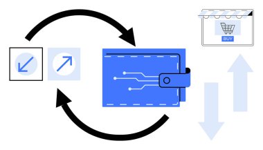 Devre çizgileri, yön okları ve online alışveriş arabası olan soyut dijital cüzdan. E-ticaret, çevrimiçi ödemeler, işlemler, dijital finans, sanal cüzdan, finans teknolojisi için ideal