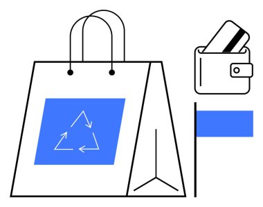 Geri dönüşüm sembollü alışveriş çantası, kredi kartlı cüzdan ve mavi bayrak. Çevre dostu alışveriş, sürdürülebilirlik kampanyaları, çevre bilinci, geri dönüşüm, bilinçli tüketim için ideal