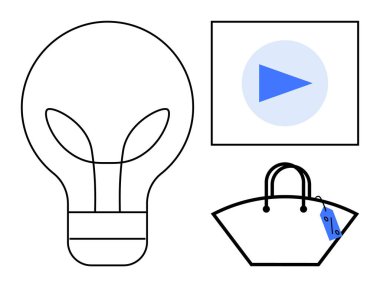 Fikirleri temsil eden ampul, çevrimiçi videoları gösteren oynat düğmesi ve fiyat etiketli el çantası. Çevrimiçi alışveriş, yenilik, perakende satış, pazarlama, e-ticaret, yaratıcılık dijital medya için ideal