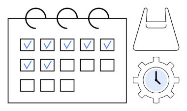 İşaretli takvim, alışveriş çantası, saatli teçhizat. Üretkenlik, organizasyon, proje yönetimi, zaman yönetimi, planlama iş akışı için ideal. Minimalist tarz ve soyut çizgi