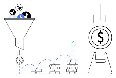 Yönlendirme hunileri madeni paralara, dönüşümü sembolize eder. Yükselen para yığınları, yukarı bakan ok gelirlerin arttığını gösteriyor. Satış stratejisi, dönüşüm optimizasyonu ve iş için ideal