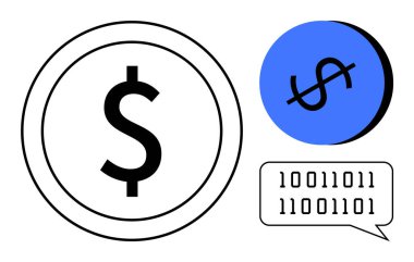 Dolar işaretli bozuk para, dolar işaretli mavi para, ikili kod konuşma balonu. Finans, teknoloji, kripto para birimi, kodlama, dijital işlemler, fintech modernizasyon için ideal