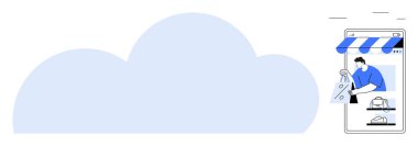 Büyük bulut şekilli ve akıllı telefonlu, online mağazası olan, alışveriş torbası teslim eden insanlar. E-ticaret, bulut bilgisayarı, dijital pazar, mobil alışveriş, çevrimiçi perakende, teknoloji için ideal