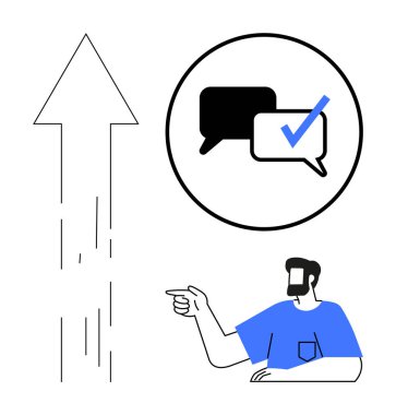 Yukarı doğru büyük bir ok, konuşma baloncuklu onaylanmış mesaj simgesi, takım çalışması, ilerleme, iletişim, iş büyümesi, yönetim, müşteri hizmetleri yönlendirme kavramı için ideal kişi. Soyut