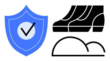 Güvenliği simgeleyen mavi bir kalkan dayanıklılığı simgeleyen siyah çizmeler ve depolama için bulut simgesi. Siber koruma, bulut hesaplama, veri güvenliği, güvenilirlik ve güvenlik için ideal