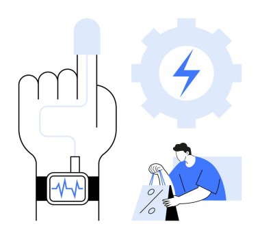 Fitness takip cihazı, elektrikli cıvata, indirimli alışveriş torbası. Fitness, alışveriş, teknoloji, sağlık, verimlilik e-ticaret yaşam tarzı için ideal. Satır metaforu