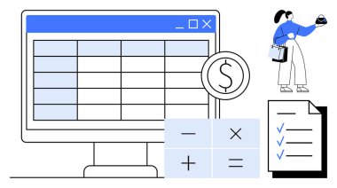 Hesap tablosu ve dolar işareti olan bilgisayar monitörü, hesap makinesi düğmeleri, kontrol listesi ve alışveriş çantası ve el sıkışma tutan kişi. Finans, bütçe, muhasebe, alışveriş, planlama için ideal