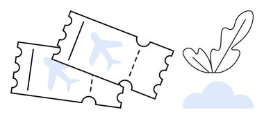 İki uçak bileti, uçak ikonu, bulut, yaprak. Seyahat, rezervasyon, tatil, turizm macerası tatili için ideal. Minimalist soyut çizgi düz metafor