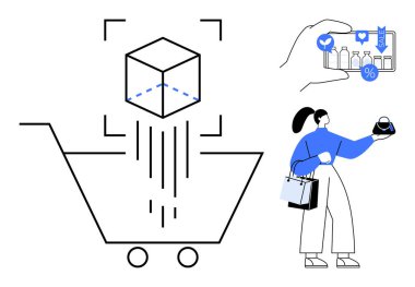 Çantalı kadın alışverişi, akıllı telefondan ürün değerlendirmesi, 3 boyutlu artırılmış gerçeklik kutusu el arabasına tarama. E-ticaret, perakende, teknoloji, müşteri deneyimi, artırılmış gerçeklik, çevrimiçi için ideal