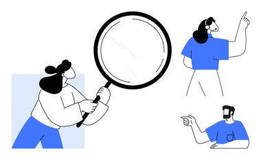 Bir kişinin tuttuğu büyük büyüteç, iki kişi daha işaret ediyor. Tema analizi, odaklanma, keşif, takım çalışması, yön bulma, araştırma denetimi için ideal. Mavi ve siyah renkler soyut çizgi